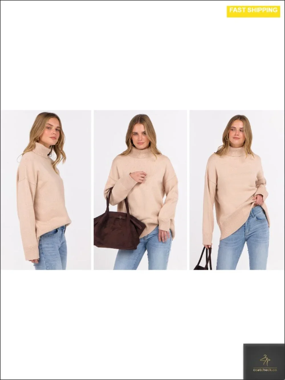 Oversized Chunky Knit Turtleneck Sweater High Low Hem Pullover